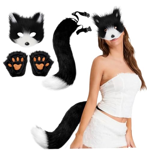 3pcs/Set Therian Gear, Halloween Therian Maske und Schwanz, Handschuhe Set Schwarz -Weiß -halbe Gesichtsfuchsmaske mit verstellbarem Schnallen pelziger Schwanz für Halloween -Cosplay -Katzenausrüstun 3pcs/Set Therian Gear, Halloween Therian Maske und Schwanz, Handschuhe Set Schwarz -Weiß -halbe Gesichtsfuchsmaske mit verstellbarem Schnallen pelziger Schwanz für Halloween -Cosplay -Katzenausrüstun von PSFDEWT