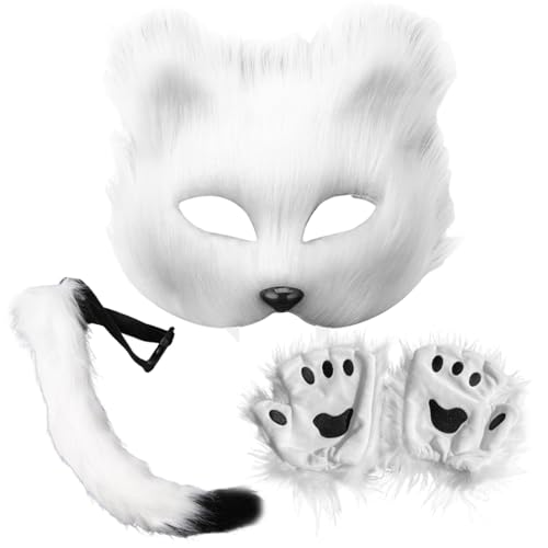 3pcs/Set Therian Getriebe, therianische Maske und Schwanz, Handschuhe Set halb Gesichtsfuchsmaske mit verstellbarem Schnallen pelziger Schwanz für Halloween -Cosplay -Fuchs, Weißgeräte 3pcs/Set Therian Getriebe, therianische Maske und Schwanz, Handschuhe Set halb Gesichtsfuchsmaske mit verstellbarem Schnallen pelziger Schwanz für Halloween -Cosplay -Fuchs, Weißgeräte von PSFDEWT
