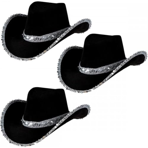 3pcs schwarzer Cowboyhut, silberne Pailletten Wide Rand Sparkly Cowboy Hut, klassischer stilvoller atmungsaktiver und funktionaler Cowboyhut für tägliche Verschleiß, Reisen, Cosplay, schwarzer Cowboy 3pcs schwarzer Cowboyhut, silberne Pailletten Wide Rand Sparkly Cowboy Hut, klassischer stilvoller atmungsaktiver und funktionaler Cowboyhut für tägliche Verschleiß, Reisen, Cosplay, schwarzer Cowboy von PSFDEWT