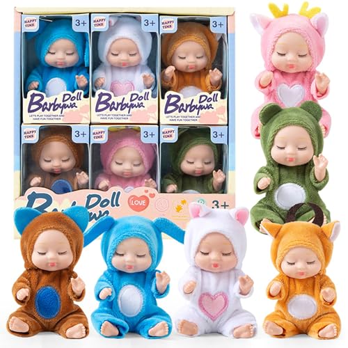 6pcs Babypuppe Set 4x2 -Zoll -Simulation Süßes poable realistische Babypuppe mit niedlichen Tierkleidung Mini Babypuppen Bildungsspielzeug Kinder Weihnachtsgeburtstag Geschenke, Babypuppen -Set von PSFDEWT