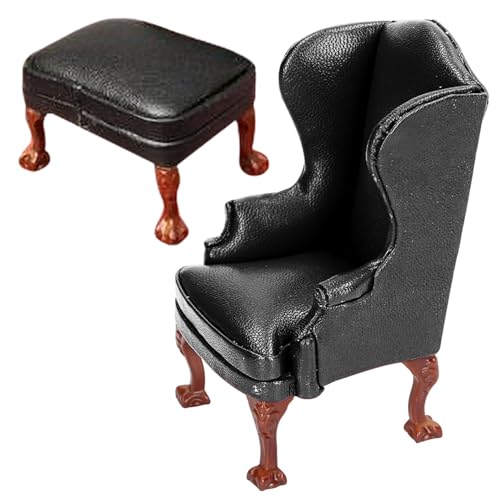 Dollhouse Couch mit Footstool 1/12 Skala Single Dollhouse Sofa Holz Miniatur Stuhl Vintage Accessoires für Hauszimmerszene Schwarze Couch von PSFDEWT