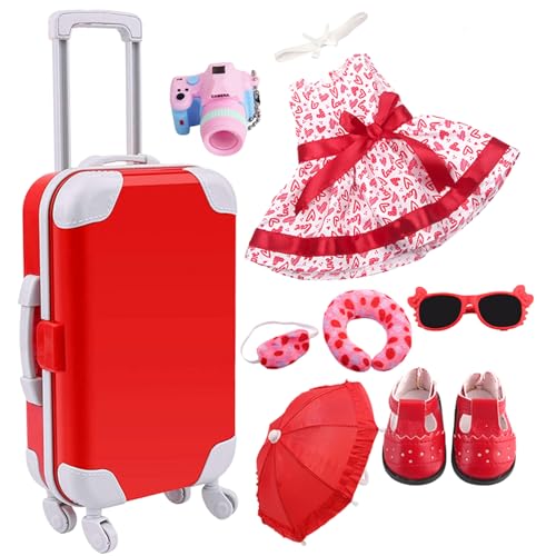 PSFDEWT 18 Zoll Puppenzubehör komplette Red Doll Koffer Set mit Babyzubehör gehören Kleid, Stirnband, Schuhe und Reiseartikel DIY Geschenk für kleine Mädchen (Nein) Zoll von PSFDEWT