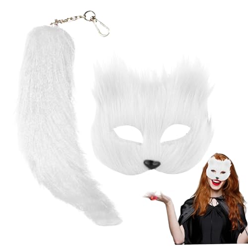 PSFDEWT 2pcs/Set Fuchsmaske und Schwanz, Faux Fox Hair Halloween Maske Flauschige Halbgesicht Therian mit Schwanzschlüsselkette für Maskerade Halloween Cosplay White PSFDEWT 2pcs/Set Fuchsmaske und Schwanz, Faux Fox Hair Halloween Maske Flauschige Halbgesicht Therian mit Schwanzschlüsselkette für Maskerade Halloween Cosplay White von PSFDEWT