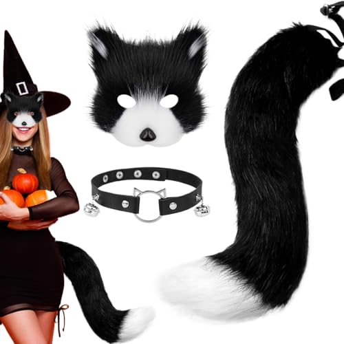 PSFDEWT 3pcs/Set Fox Maske und Tail Set Pelry Fox -Kostüm enthält eine flauschige Maske, Pfotenhandschuhe ＆ Choker Colar Therian Stuff Halloween Kostüm für Kostusplay -Ohren und Schwanz von PSFDEWT