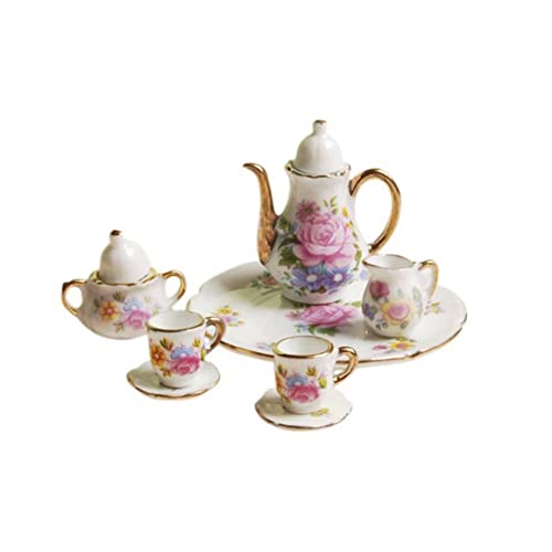 PSFDEWT 8pcs 1:12 Miniatur Keramik Tee Tasse Set Porzellan Tee Set Blütendruck mit Gold Trim Dollhouse Küche Accessoires Puppenhaus Keramik von PSFDEWT