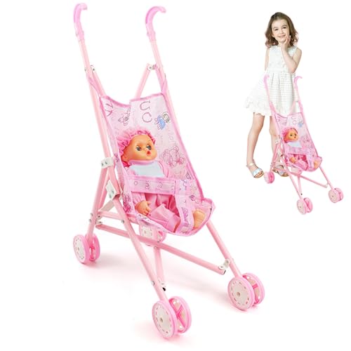 PSFDEWT Babypuppenwagen Set, 2pcs/Set Faltbare Puppenwagen mit süßem, potenziellem Baby mit tragbaren Kleidung, Kutsche für Kleinkinder Girlsbaby PSFDEWT Babypuppenwagen Set, 2pcs/Set Faltbare Puppenwagen mit süßem, potenziellem Baby mit tragbaren Kleidung, Kutsche für Kleinkinder Girlsbaby von PSFDEWT