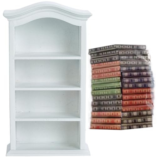 PSFDEWT Dollhouse -Bücherregal mit 30 Büchern Holz Miniatur Bücherregal 4 Etagen Mini für Dollhouse Möbelzubehör Weiß von PSFDEWT