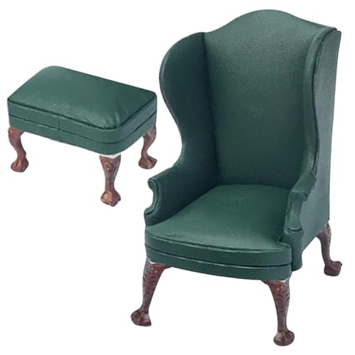 PSFDEWT Dollhouse Couch mit Footstool 1/12 Skala Single Dollhouse Sofa Holz Miniatur -Stuhl Vintage Accessoires für Hauszimmerszene Grün grün von PSFDEWT