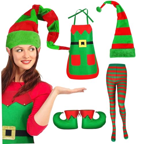 PSFDEWT ELF -Kostüm für Frauen, 4PCS/SET -Weihnachtskostüm umfasst Weihnachtsschürze, Elf -Schuhe, Hut und gestreifte Strümpfe, Accessoires für Partykostüme für Frauen von PSFDEWT