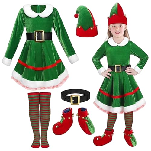PSFDEWT Elf Kostüm für Kinder 1 Set niedliche klassische Mädchen Elf Kostüm beinhaltet Hut, verstellbarer Gürtel, Kleid, Socken & Schuhe Samt mit Glockencharme für Weihnachten, Halloween, L für K. PSFDEWT Elf Kostüm für Kinder 1 Set niedliche klassische Mädchen Elf Kostüm beinhaltet Hut, verstellbarer Gürtel, Kleid, Socken & Schuhe Samt mit Glockencharme für Weihnachten, Halloween, L für K. von PSFDEWT