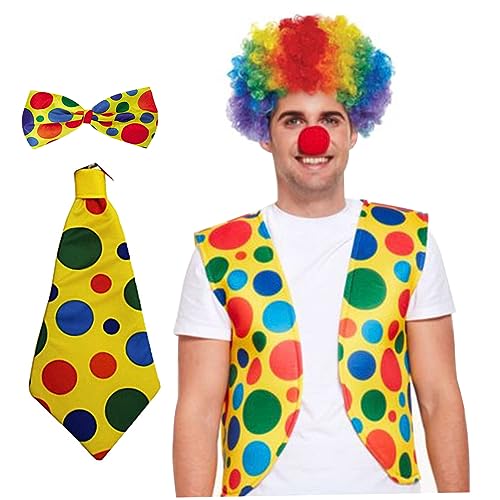PSFDEWT Halloween Clown Kostüm Set von 5 für Erwachsene Zirkuskostüm umfassen Red Clown Nase Ves Perücke Bogen und Krawattenzubehör Karnevalskostüme für Halloween Cosplay -Kostüme Zirkus PSFDEWT Halloween Clown Kostüm Set von 5 für Erwachsene Zirkuskostüm umfassen Red Clown Nase Ves Perücke Bogen und Krawattenzubehör Karnevalskostüme für Halloween Cosplay -Kostüme Zirkus von PSFDEWT