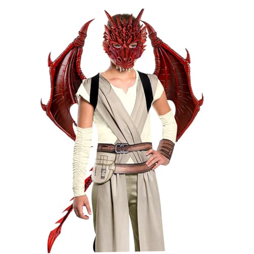 PSFDEWT Halloween Party Kostüm Karneval Kinderkostüm Dinosaurier + Tail Set Make -up -Requisiten [OPP -Bag] - Farbe - Kinderdrachenrot Set von PSFDEWT