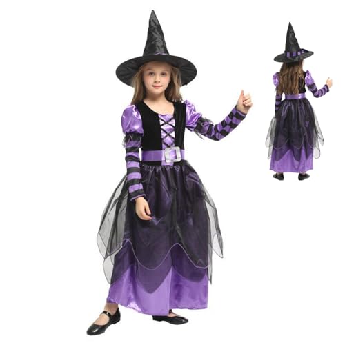 PSFDEWT Hexenkostüm für Mädchen Hexkostüm mit Hut und Gürtel Kids Halloween komfortable Kleider Mädchen für Halloween Cosplay -Bühne Performance xxl c von PSFDEWT