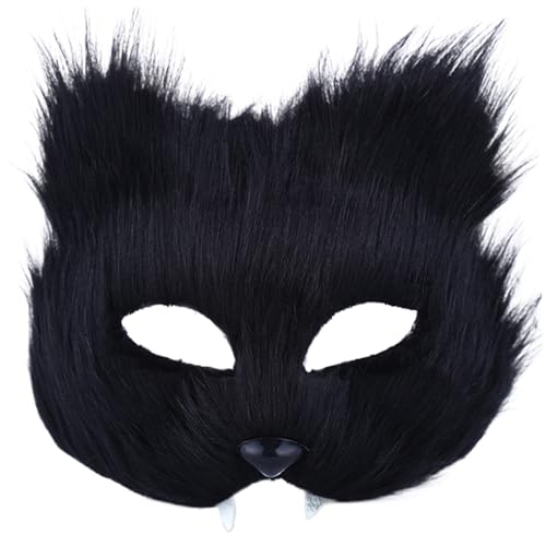 PSFDEWT Katzenmaske Halbgesicht langer Plüschfuchs Maske Künstlich realistisches Therian schwarzes Tier für Maskerade, Halloween, Dress -up, Cosplay -Katze von PSFDEWT