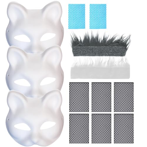PSFDEWT Katzenmasken zum Malen von 3pcs realistische weiße Maske mit Furr & Eye Mesh DIY Friendly Therian Halb Face PVC -Tier für Halloween, Maskerade, Cosplaymaske PSFDEWT Katzenmasken zum Malen von 3pcs realistische weiße Maske mit Furr & Eye Mesh DIY Friendly Therian Halb Face PVC -Tier für Halloween, Maskerade, Cosplaymaske von PSFDEWT