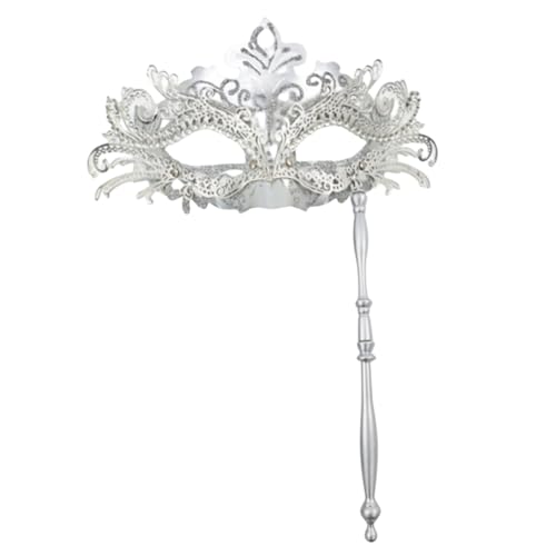 PSFDEWT Maskerade -Maske auf Stick Metal Handheld Mardi Gras Mask abnehmbarer Maskerade Ball für Partykostümzubehör Silber von PSFDEWT