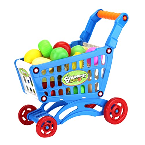 PSFDEWT Mini -Trolley Spielzeugset 17pcs Plastik Supermarkt Einkaufswagen Spielzeug mit künstlichem Obstgemüse und Essen tun, als Spielen Spiele Blue Mini Trolley von PSFDEWT