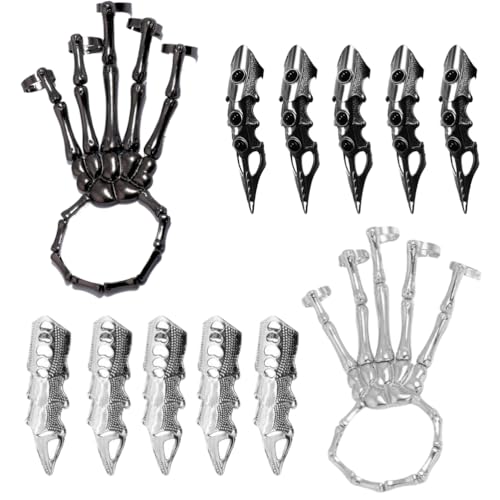 PSFDEWT Skeletthandarmband mit 5pcs Vollfinger Ringen Punk Gothic Schmuck mit beweglicher Gelenkschachtel Alloy Halloween Schmuck für Cosplay, Party, Kostüm, Schwarz PSFDEWT Skeletthandarmband mit 5pcs Vollfinger Ringen Punk Gothic Schmuck mit beweglicher Gelenkschachtel Alloy Halloween Schmuck für Cosplay, Party, Kostüm, Schwarz von PSFDEWT