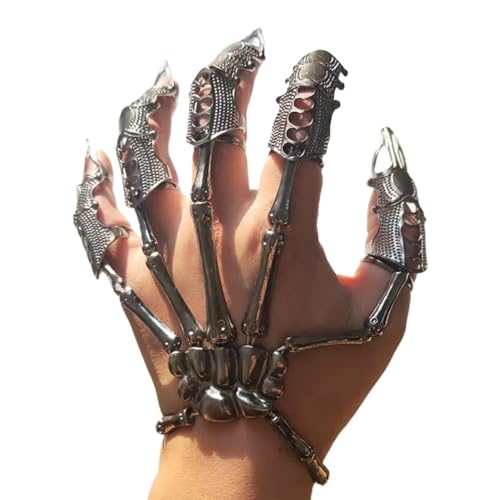 PSFDEWT Skeletthandarmband mit 5pcs Vollfinger Ringen Punk Gothic Schmuck mit beweglicher Gelenkschachtel Alloy Halloween Schmuck für Cosplay, Party, Kostüm, Silber PSFDEWT Skeletthandarmband mit 5pcs Vollfinger Ringen Punk Gothic Schmuck mit beweglicher Gelenkschachtel Alloy Halloween Schmuck für Cosplay, Party, Kostüm, Silber von PSFDEWT