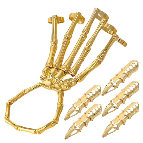 PSFDEWT Skeletthandarmband mit 5pcs Vollfinger Ringen Punk Gothic Schmuck mit beweglicher Joint Zinklegierung Halloween Schmuck für Cosplay, Party, Kostüm PSFDEWT Skeletthandarmband mit 5pcs Vollfinger Ringen Punk Gothic Schmuck mit beweglicher Joint Zinklegierung Halloween Schmuck für Cosplay, Party, Kostüm von PSFDEWT