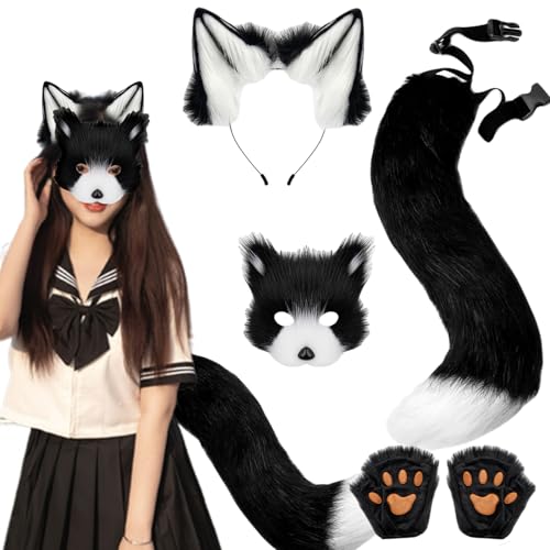 PSFDEWT Therian Gear Fox Kostüm Set Faux Fuchs Ohren und Schwanztherianische Pfoten und Maske für Erwachsene Kinder Rollenspielparty, White Black Gear von PSFDEWT