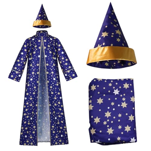 PSFDEWT Zauberer Kostüm Langarmes Blue Wizard Robe und Hut Polyester Sternmuster Umhang Erwachsene Robe für Halloween -Party, Cosplay (M) Kostüm von PSFDEWT