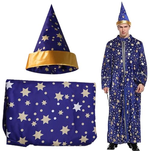 PSFDEWT Zauberer Kostüm Langarmes Blue Wizard Robe und Hut Polyester Sternmuster Umhang Erwachsene Robe für Halloween -Party, Cosplay (XL) Kostüm von PSFDEWT