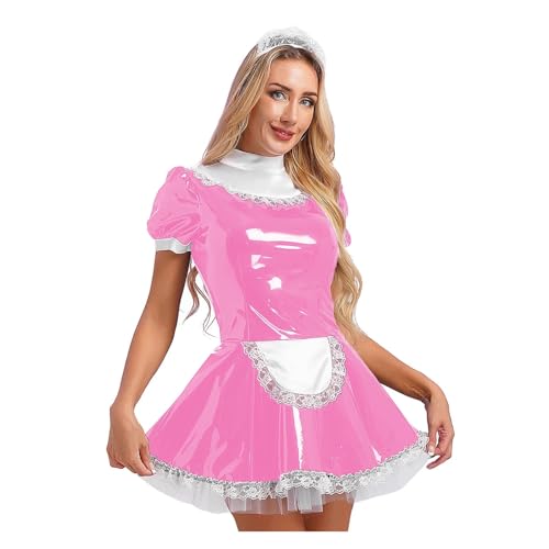 PSNKLMM Damen Dienstmädchenkleid aus glänzendem Lackleder mit Rüschen, Spitzenschürze und Puffärmeln in A-Linie(Pink,S) von PSNKLMM