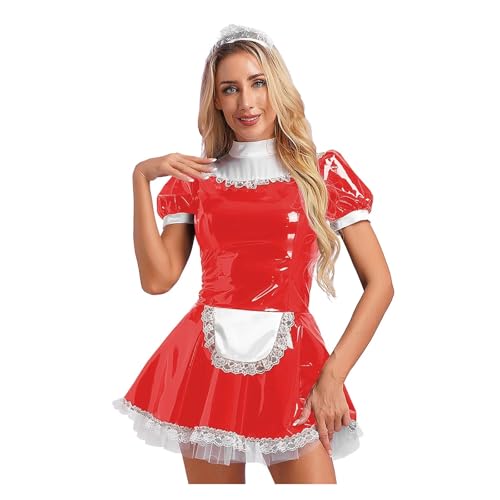 PSNKLMM Damen Dienstmädchenkleid aus glänzendem Lackleder mit Rüschen, Spitzenschürze und Puffärmeln in A-Linie(Red,XL) von PSNKLMM