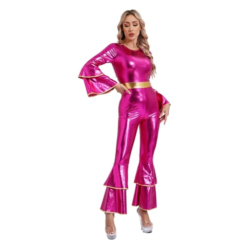 PSNKLMM Damen Disco-Kostüm, Hippie-Outfits, Halloween-Make-up-Party, Hip-Hop-Tanz-Performance-Kostüme, glänzender metallischer Bodysuit(Pink,XL) von PSNKLMM