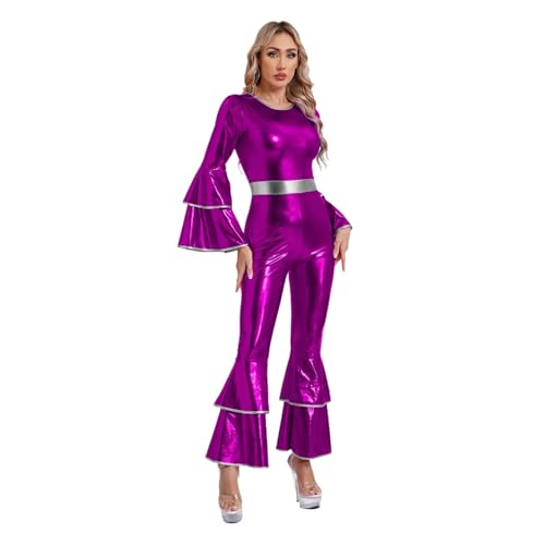 PSNKLMM Damen Disco-Kostüm, Hippie-Outfits, Halloween-Make-up-Party, Hip-Hop-Tanz-Performance-Kostüme, glänzender metallischer Bodysuit(Purple,M) von PSNKLMM
