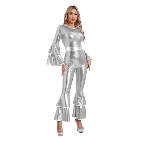 PSNKLMM Damen Disco-Kostüm, Hippie-Outfits, Halloween-Make-up-Party, Hip-Hop-Tanz-Performance-Kostüme, glänzender metallischer Bodysuit(Silver,XL) von PSNKLMM