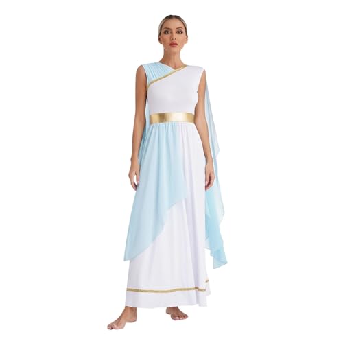 PSNKLMM Damen Halloween Kostüme Chiffon Gold Trim Kleid Göttin Königin Rolle Spielen Robe(Light Blue,XXL) von PSNKLMM