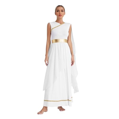 PSNKLMM Damen Halloween Kostüme Chiffon Gold Trim Kleid Göttin Königin Rolle Spielen Robe(White,3XL) von PSNKLMM