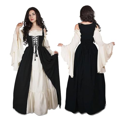 PSNKLMM Damen Mittelalterkleid Vintage Performance Piratenkostüm Kleid for Tanzpartys Proms Outfit(Black,S) von PSNKLMM