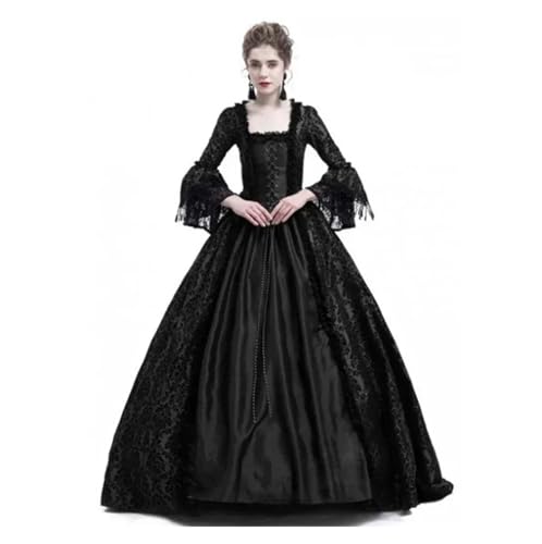 PSNKLMM Damen Vintage Kleid Mittelalterliches Hofkleid mit Spitzennähten Langarmkleid Partykostüm S-5XL(Black,XXXL) von PSNKLMM