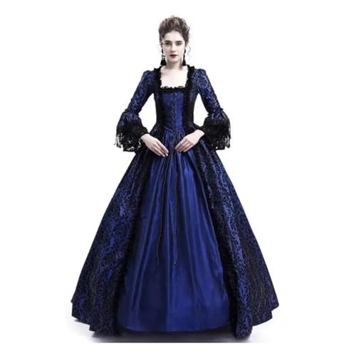 PSNKLMM Damen Vintage Kleid Mittelalterliches Hofkleid mit Spitzennähten Langarmkleid Partykostüm S-5XL(Blue,S) von PSNKLMM