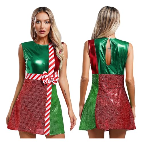 PSNKLMM Damen Weihnachtsmann-Kostüm, Elfenkostüm, Halloween, gestreifte Strumpfhose, Ballettponcho, Zirkuskleider(Green,M) von PSNKLMM