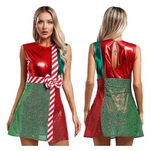 PSNKLMM Damen Weihnachtsmann-Kostüm, Elfenkostüm, Halloween, gestreifte Strumpfhose, Ballettponcho, Zirkuskleider(Red,M) von PSNKLMM