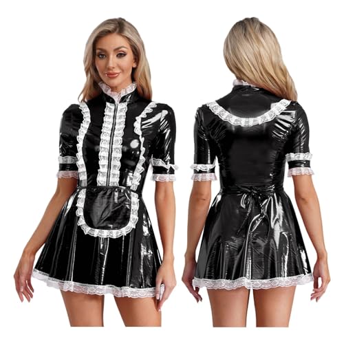PSNKLMM Damenbekleidung Kurzarm Ausgefallenes Damenkleid Spitzenseitenkleid mit Schürze(Black,L) von PSNKLMM