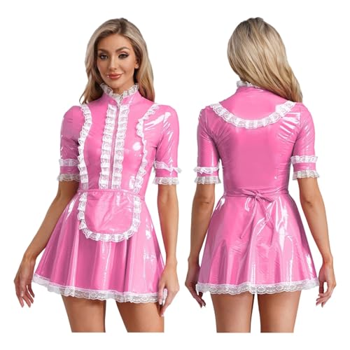 PSNKLMM Damenbekleidung Kurzarm Ausgefallenes Damenkleid Spitzenseitenkleid mit Schürze(Pink,S) von PSNKLMM