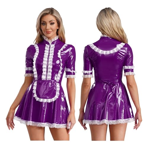 PSNKLMM Damenbekleidung Kurzarm Ausgefallenes Damenkleid Spitzenseitenkleid mit Schürze(Purple,4XL) von PSNKLMM