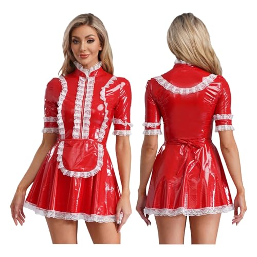 PSNKLMM Damenbekleidung Kurzarm Ausgefallenes Damenkleid Spitzenseitenkleid mit Schürze(Red,XL) von PSNKLMM