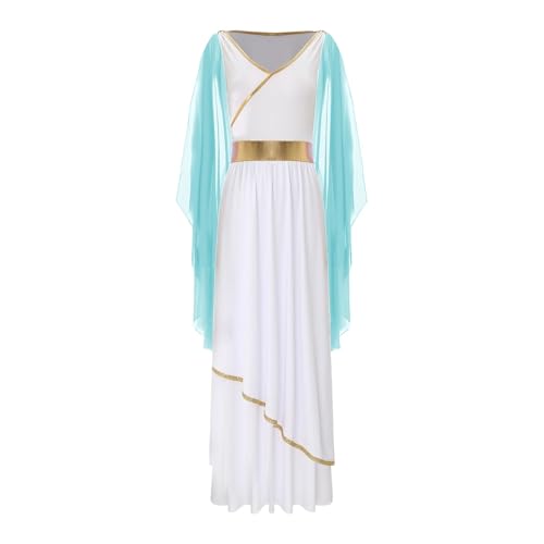 PSNKLMM Damenkleider Königin Robe Mardi Gras Halloween Kostüme Ärmellos Goldbesatz Toga Feiertagskleider(Light Blue,M) von PSNKLMM