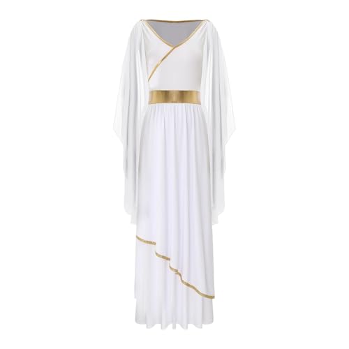 PSNKLMM Damenkleider Königin Robe Mardi Gras Halloween Kostüme Ärmellos Goldbesatz Toga Feiertagskleider(White,S) von PSNKLMM