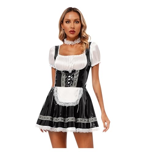 PSNKLMM Französisches Dienstmädchen-Rollenspiel-Set aus Leder, Halloween-Dienstmädchen-Schürze, Kostüm, Karneval, Tüll-A-Linien-Rock(Black,S) von PSNKLMM