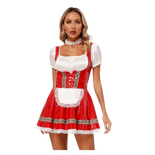 PSNKLMM Französisches Dienstmädchen-Rollenspiel-Set aus Leder, Halloween-Dienstmädchen-Schürze, Kostüm, Karneval, Tüll-A-Linien-Rock(Red,XL) von PSNKLMM