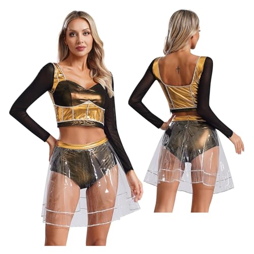 PSNKLMM Musikkostüm, Musical-Theater, Tanz-Outfits for Damen, langärmelig, Crop-Top mit Rock, Kostüm(Gold,L) von PSNKLMM