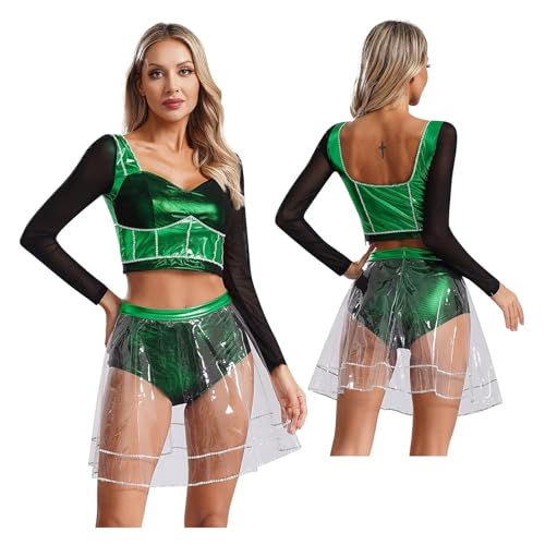 PSNKLMM Musikkostüm, Musical-Theater, Tanz-Outfits for Damen, langärmelig, Crop-Top mit Rock, Kostüm(Green,XL) von PSNKLMM