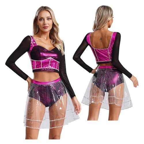 PSNKLMM Musikkostüm, Musical-Theater, Tanz-Outfits for Damen, langärmelig, Crop-Top mit Rock, Kostüm(Pink,XL) von PSNKLMM